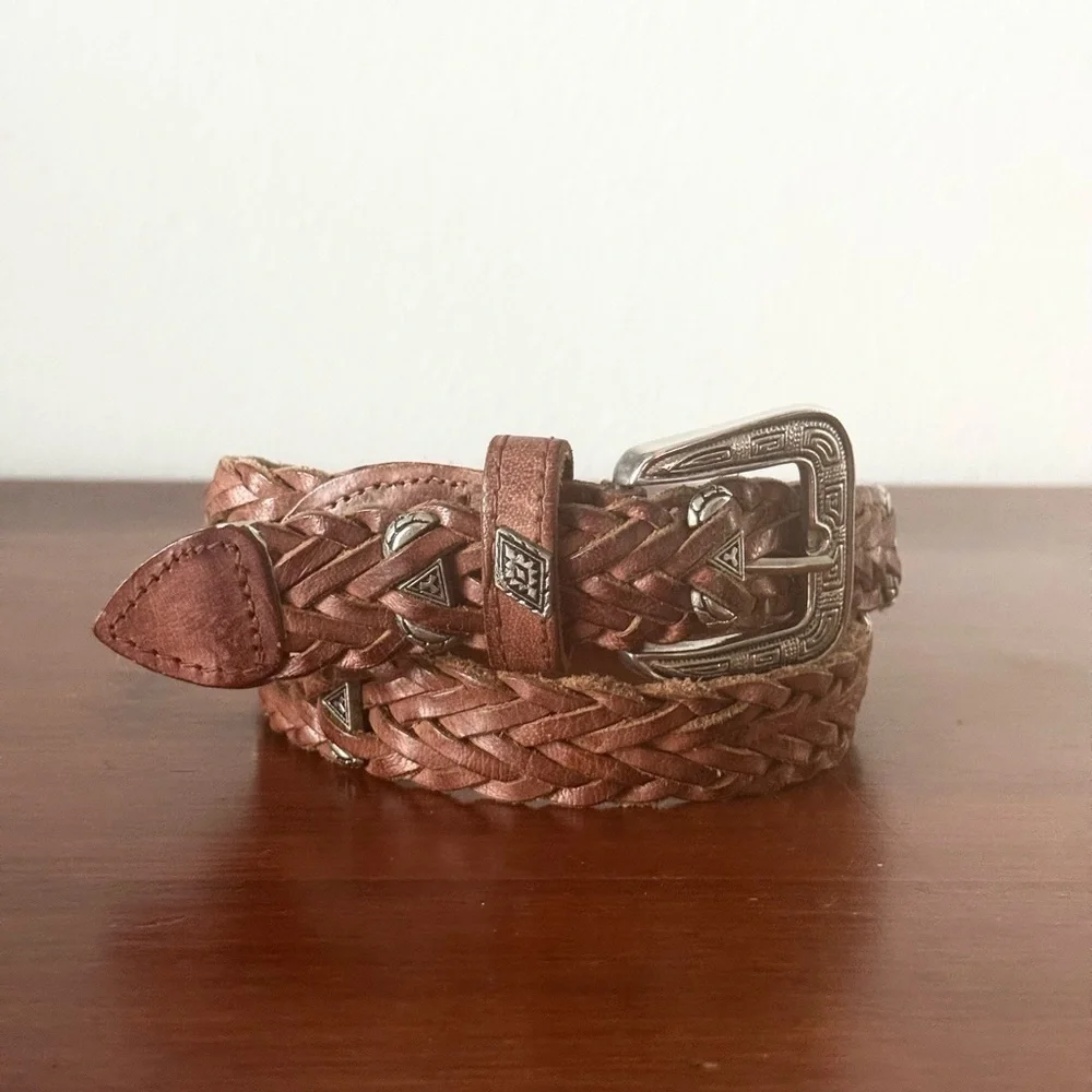 Vintage 1990s Braided Leather Belt with Silver Buckle and details